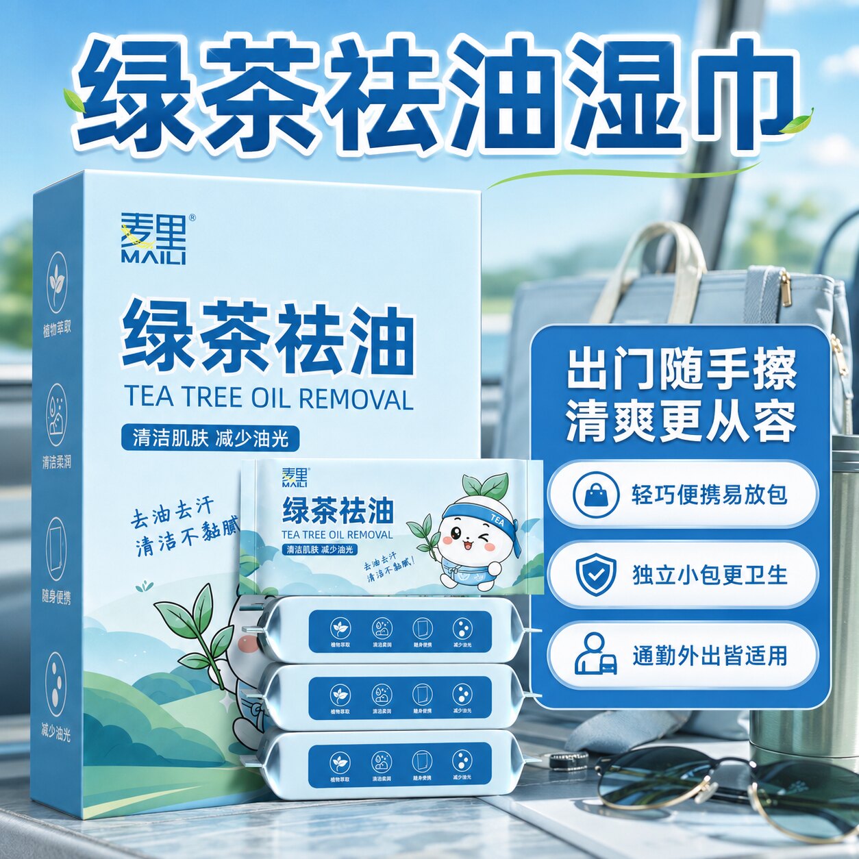 绿茶祛油湿巾小包便携一次性湿纸巾去油去汗脸部清洁出行旅行军训图片