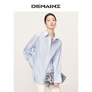 上衣女長袖 寬松設計感白色藍色 男友風廓形襯衫 DEMAINZ地縵春新款
