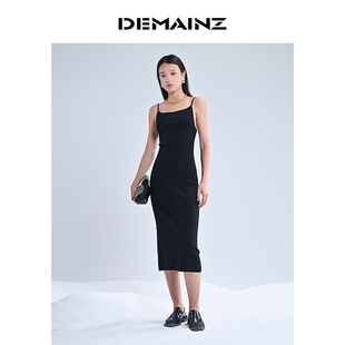 DEMAINZ地缦修身 气质显瘦中长 版 型细吊带小黑裙百搭连衣裙春秋款