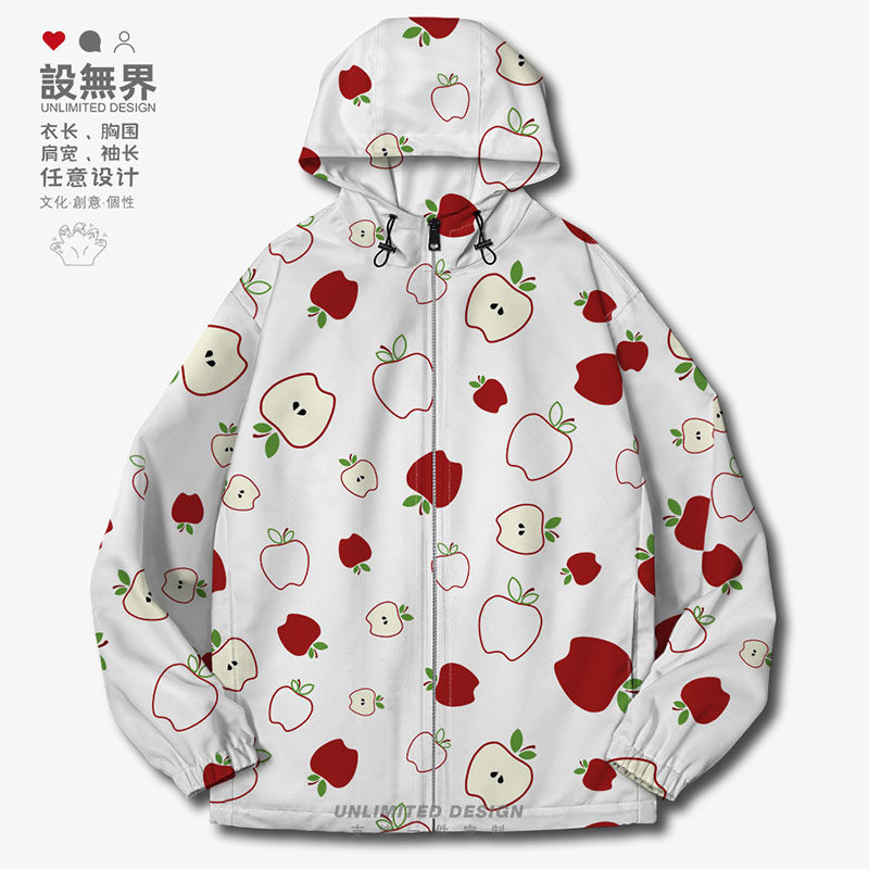 设无界港风苹果图案水果线条简约趣味ins夹克棉服男女外套潮0015