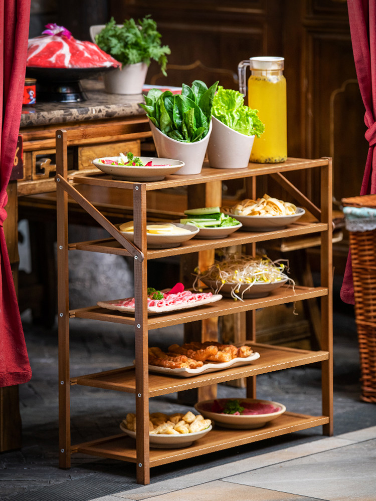 火锅店菜架子实木折叠放蔬菜盘架酒店厨房烤鱼烤肉多层商用置物架