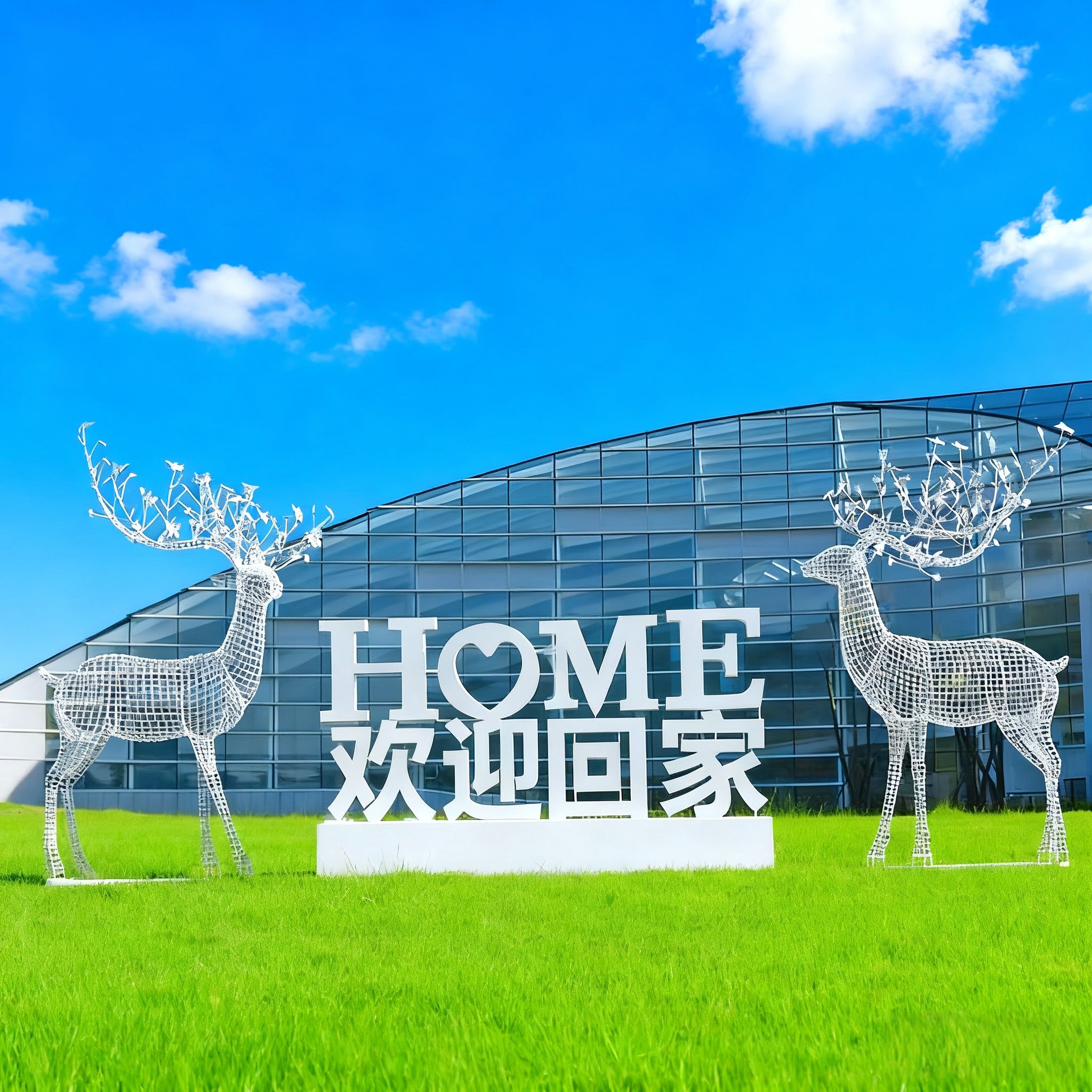 户外铁艺梅花鹿雕塑售楼部公园草地草坪镂空不锈钢鹿装饰美陈摆件