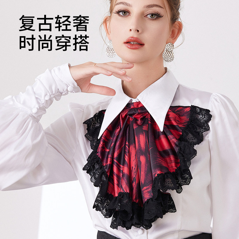 小众个性宫廷衣领挂脖红黑笔触印花柔软亲肤材质适配大衣毛衣假领