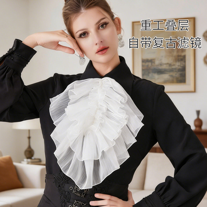 小众百搭高级气质领巾欧根纱褶皱领花蕾丝挂脖假领时尚百搭假衣领