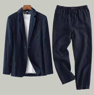 纯亚麻西装 子夏季 套装 全麻布料外套裤 舒适休闲西服男 春秋薄款 男士