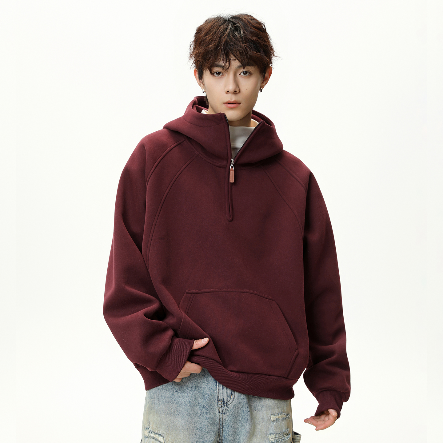 秋冬新款男女重磅美式半拉链立体半高领纯色情侣休闲连帽卫衣外套