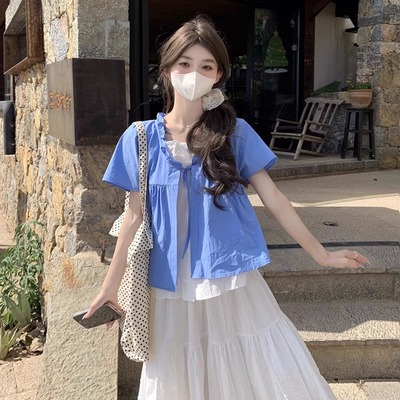 薄荷绿假两件短袖衬衫女