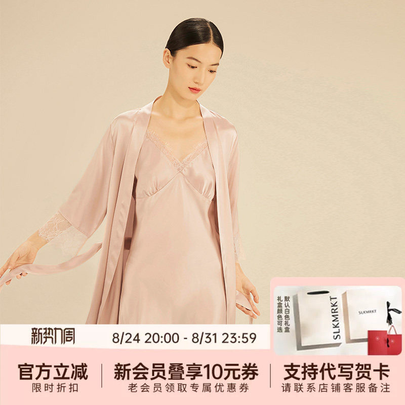 乃丝100%桑蚕丝经典蕾丝睡裙睡袍图片