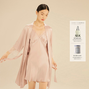 乃丝真丝吊带睡裙睡袍两件套女100%桑蚕丝睡衣套装 蕾丝家居服春秋