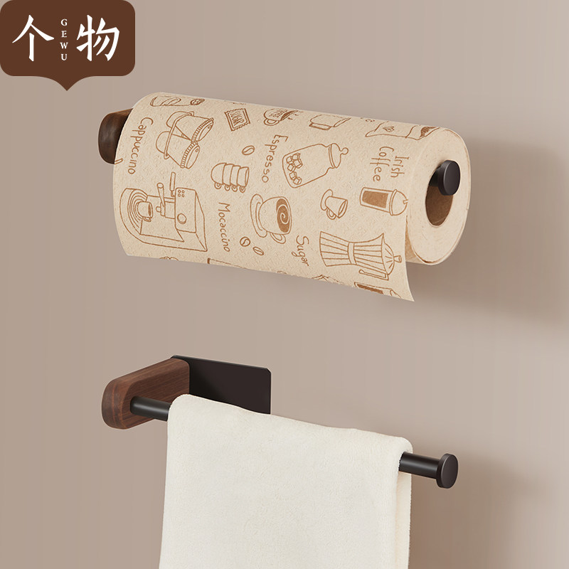 个物厨房纸巾架免打孔壁挂式卷筒纸保鲜膜抹布收纳挂杆支架胡桃木图片