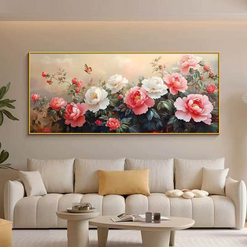 花开富贵装饰画新中式客厅大白墙挂画高级感大厅中堂画牡丹花壁画