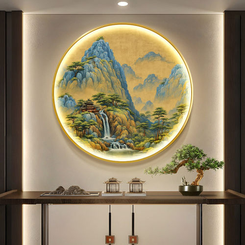 新中式玄关装饰画千里江山图圆形LED灯壁画国画走廊山水餐厅挂画