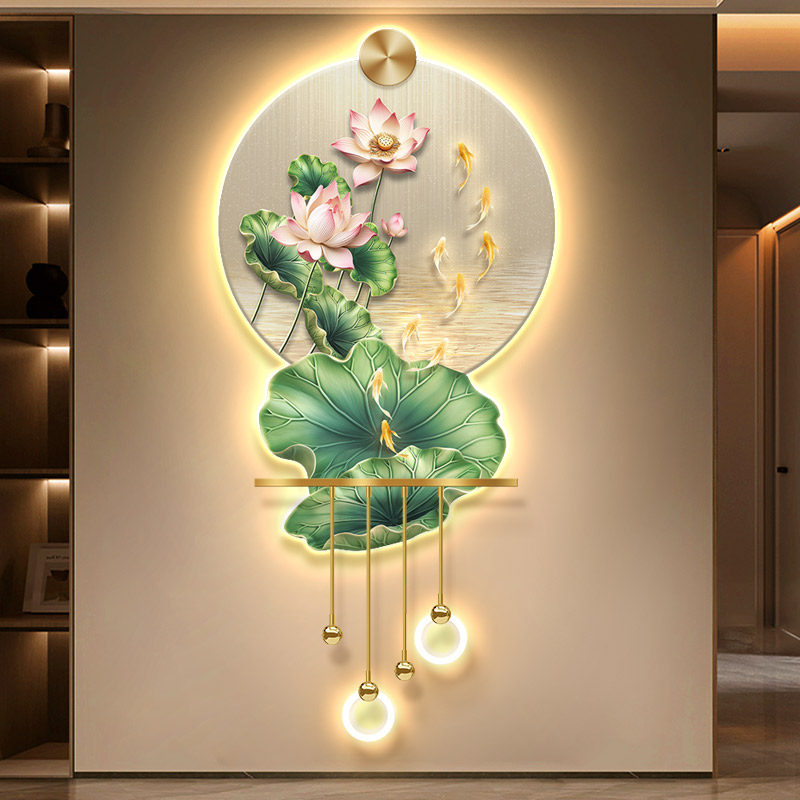 荷花锦鲤玄关装饰画轻奢高级餐厅走廊过道尽头九鱼图灯画