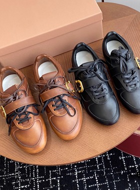 真皮复古皮带扣平底德训鞋女运动小皮鞋25新款百搭蛇纹拼色阿甘鞋