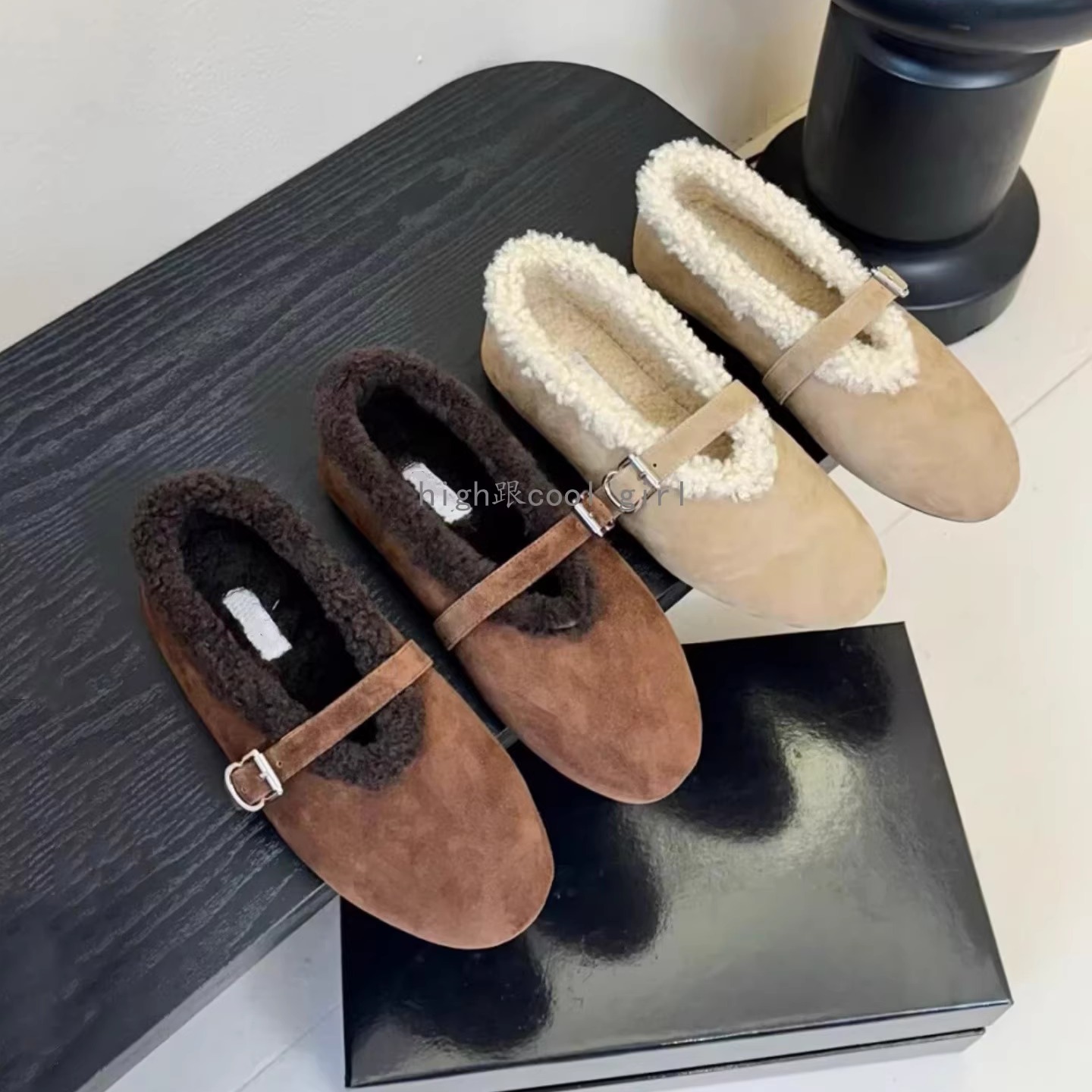 小众真羊皮毛一体平底芭蕾舞鞋女秋冬加绒保暖一字扣带玛丽珍单鞋