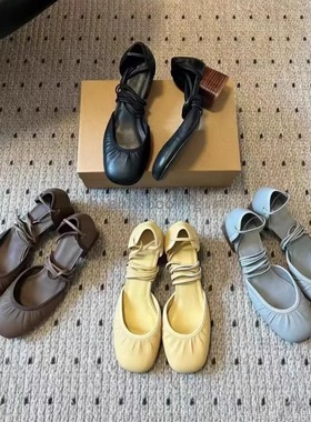 25新款小众真皮褶皱女鞋圆头粗跟高跟鞋女浅口单鞋系带玛丽珍凉鞋