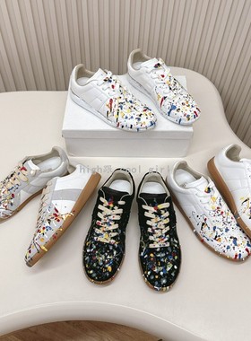 时尚小众男女休闲德训鞋泼墨涂鸦真皮阿甘运动板鞋情侣做旧小白鞋