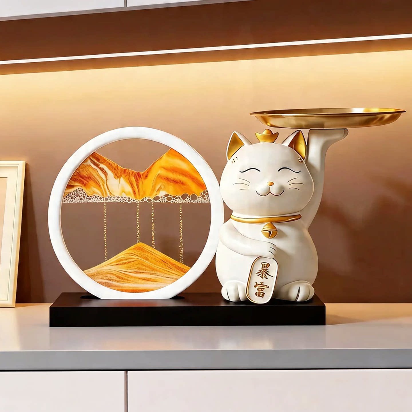 招财暴富猫流沙画摆件家居装饰品商务办公桌面客厅酒柜玄关电视柜