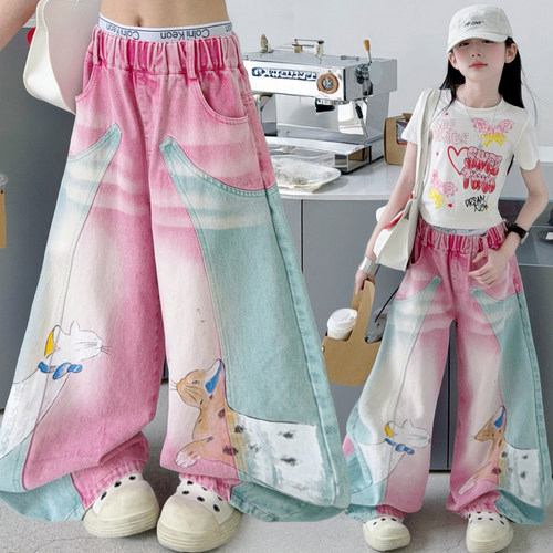 美式复古涂鸦印花短袖t恤女童夏季新款卡通印花街舞弯刀阔腿裤潮