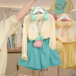 女童装夏季时髦洋气套装中大儿童女孩多巴胺长袖T恤短裤两件套潮