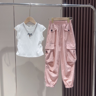 韩版时尚字母短袖工装裤套装女童夏季新款洋气宽松薄款运动两件套