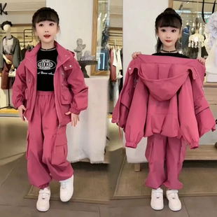女童韩版连帽冲锋衣运动套装春秋新款时髦网红小女孩工装裤两件套