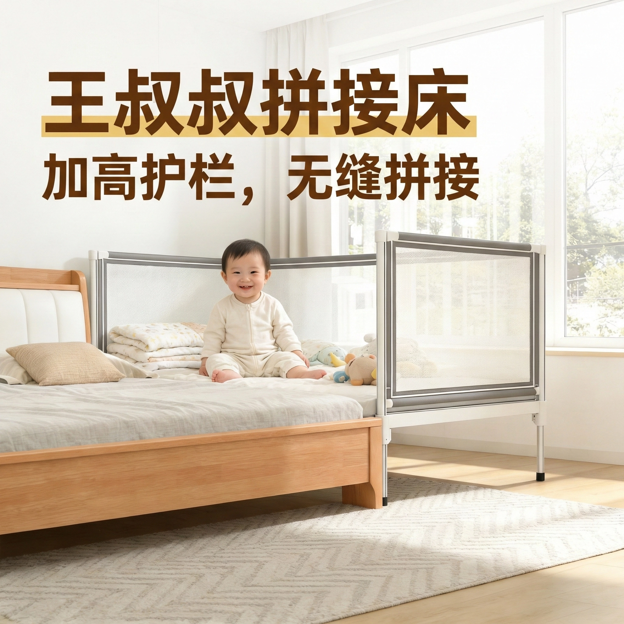 王叔叔婴儿拼接床儿童边床婴儿床简约现代无缝拼接加高护栏