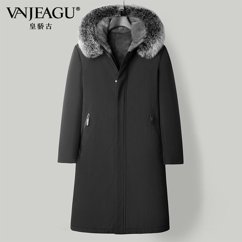 海宁派克服男长款过膝灰貂整貂连帽狐狸毛领皮毛一体真皮水貂大衣