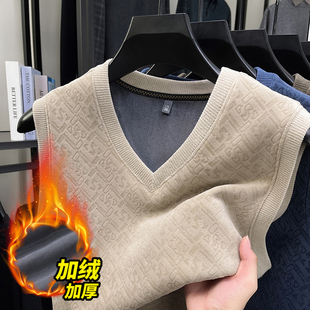 新款V领针织背心男中年毛衣加绒加厚无袖打底衫秋冬季坎肩马甲