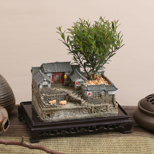 复古做旧房子桌面盆栽树脂摆件创意客厅茶几装 饰工艺品摆设送长辈