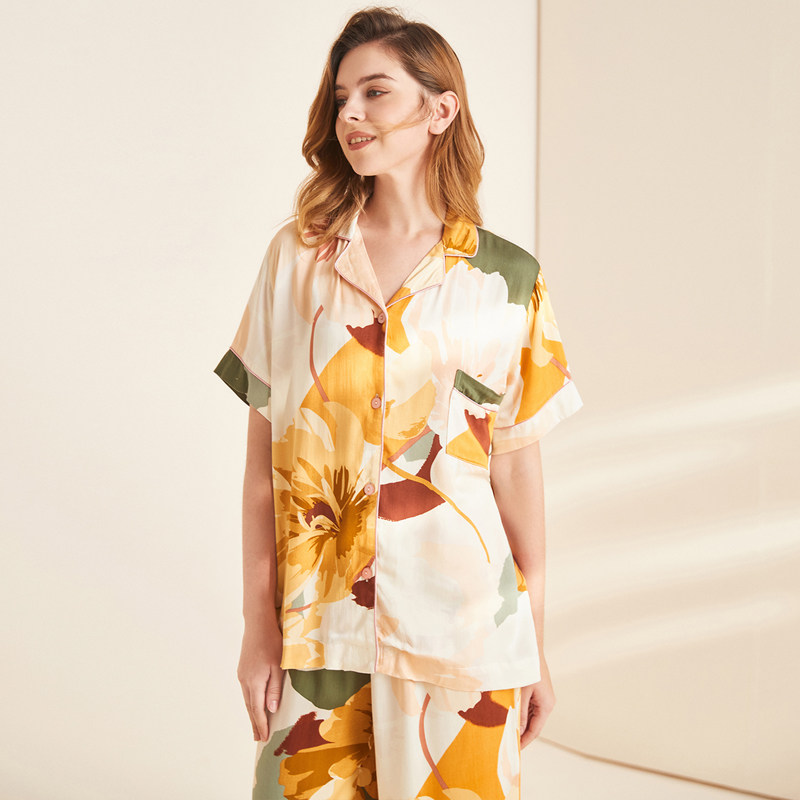 轻盈薄款人棉睡衣女夏天短袖大花印花贡缎棉绸可外穿家居服套装
