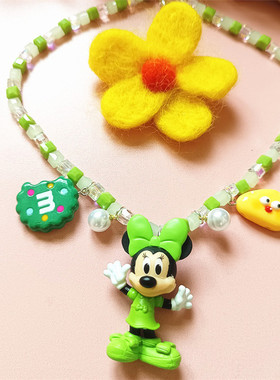手作绿色水晶串珠米老鼠米妮项链