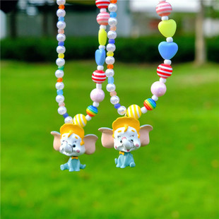 原创卡通可爱彩绘脸谱小飞象吊坠彩色糖果串珠搞怪项链颈链锁骨链