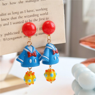 美少女手作耳饰原创童趣卡通可爱唐老鸭礼服彩球搞怪耳钉耳环耳坠