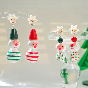 美少女手作耳饰原创节日装扮圣诞老人雪人木质手绘彩球耳环耳钉