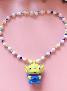 三眼仔吊坠彩色珠光琉璃串珠项链