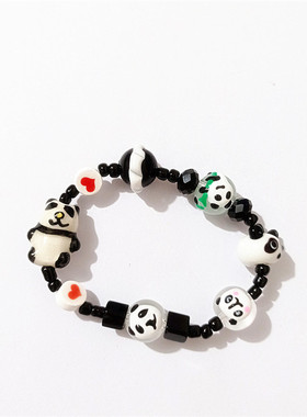 呆萌小熊猫彩绘琉璃黑白串珠手链