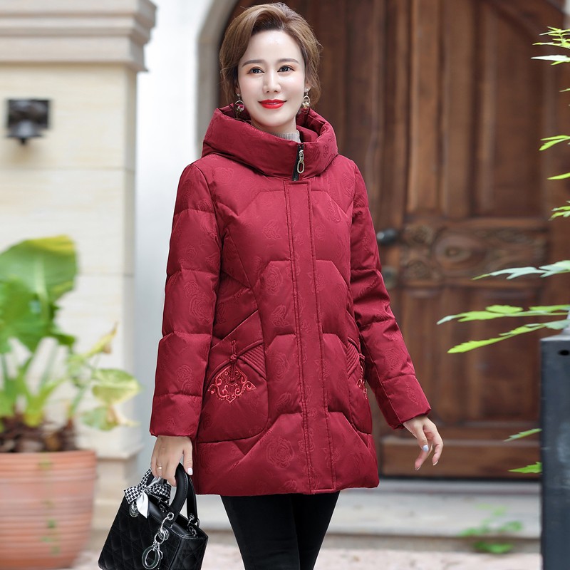 中年妈妈羽绒服女士冬装2025新款洋气中老年女中长款连帽外套上衣