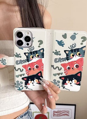 好奇猫咪翻盖皮套oppoReno15手机壳FindX8S+新款Reno14/13创意折叠支架Reno12/11防摔9小众可插卡女10pro全包