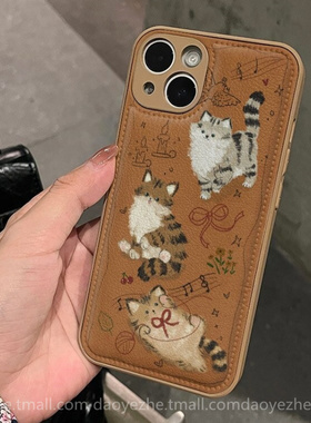 秋冬皮纹复古涂鸦猫咪适用小米17promax手机壳k90/note14皮质15/K80新款气垫K70e可爱红米K60女13防摔K40全包