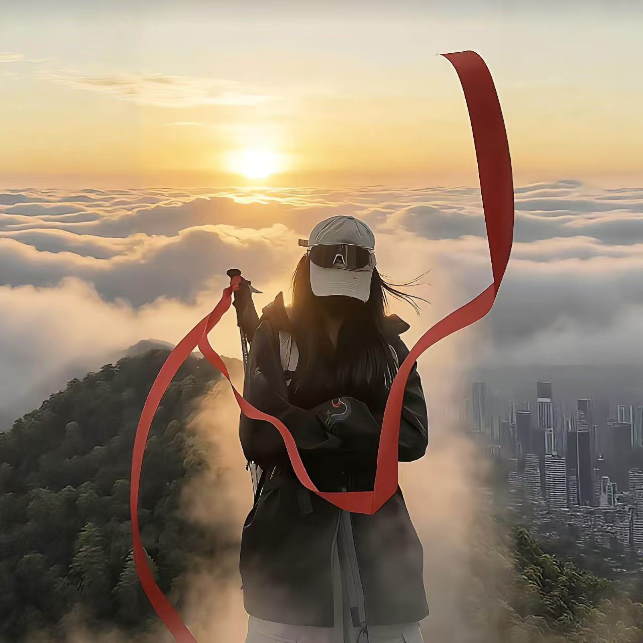 登山杖红飘带超长丝带拍照出片图片