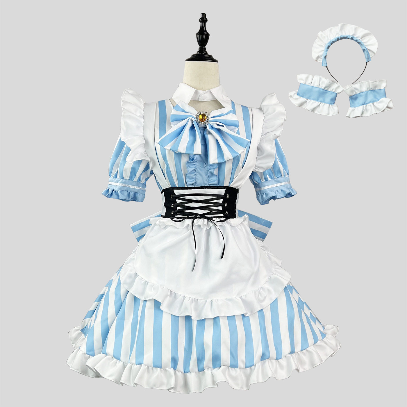 跨境新品 日系秋叶原甜美条纹女仆装 COSPLAY洛丽塔 大码女仆
