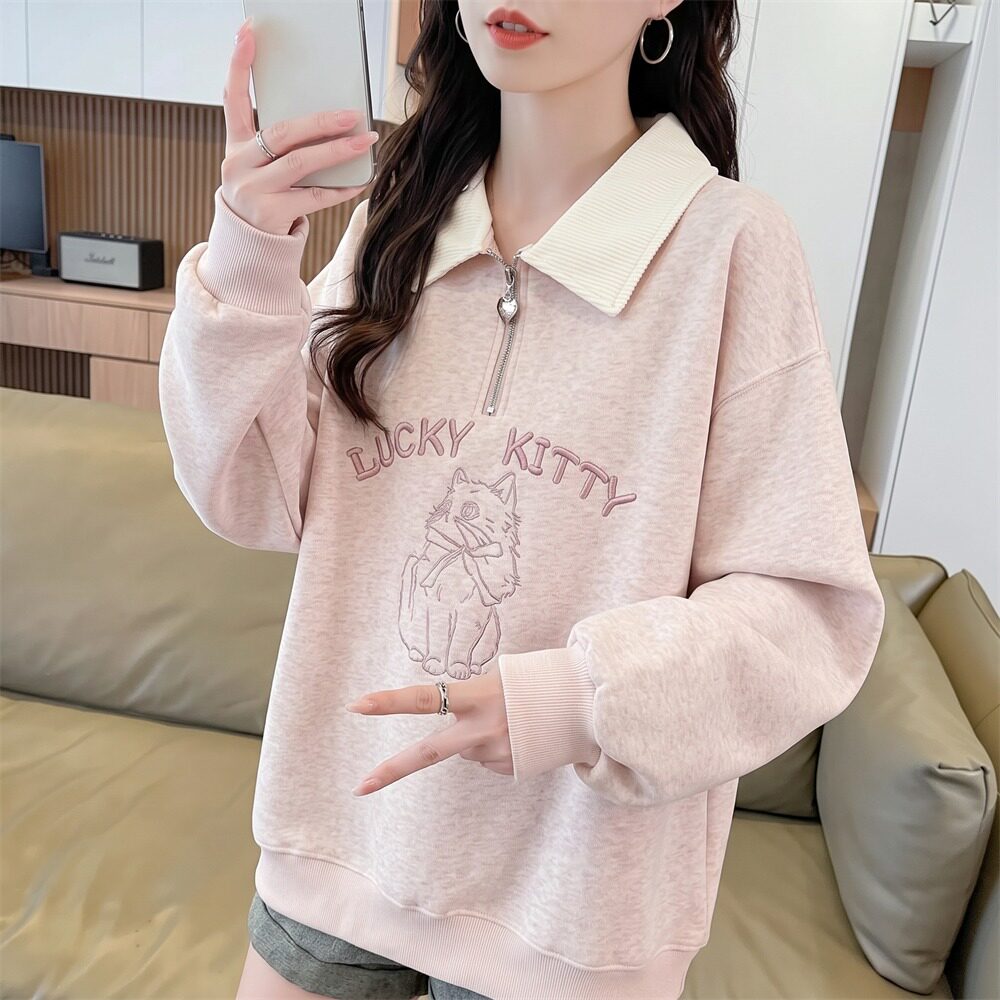 上衣秋冬150克实拍半拉链卫衣纳6839可爱复合女ins索罗新款女猫咪