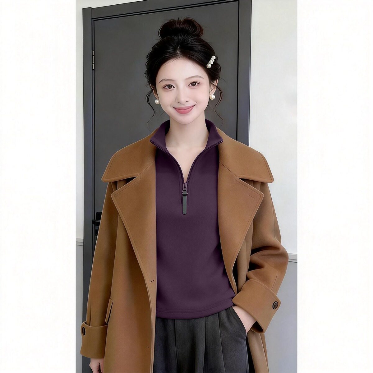 胖百搭显瘦秋季大码MM女T恤立领半拉链德2026长袖保暖双面绒上衣