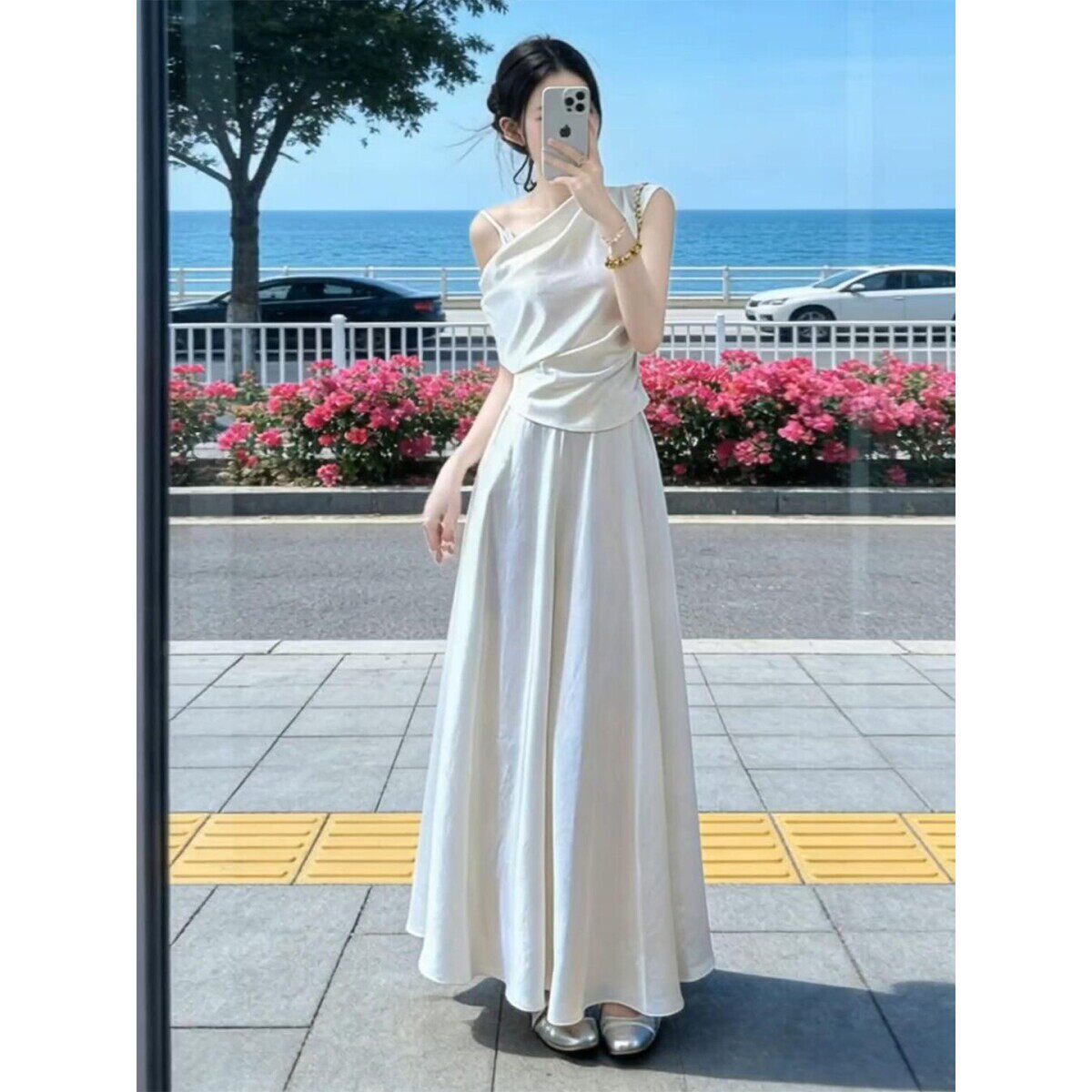 法式白色露肩洋装子女夏