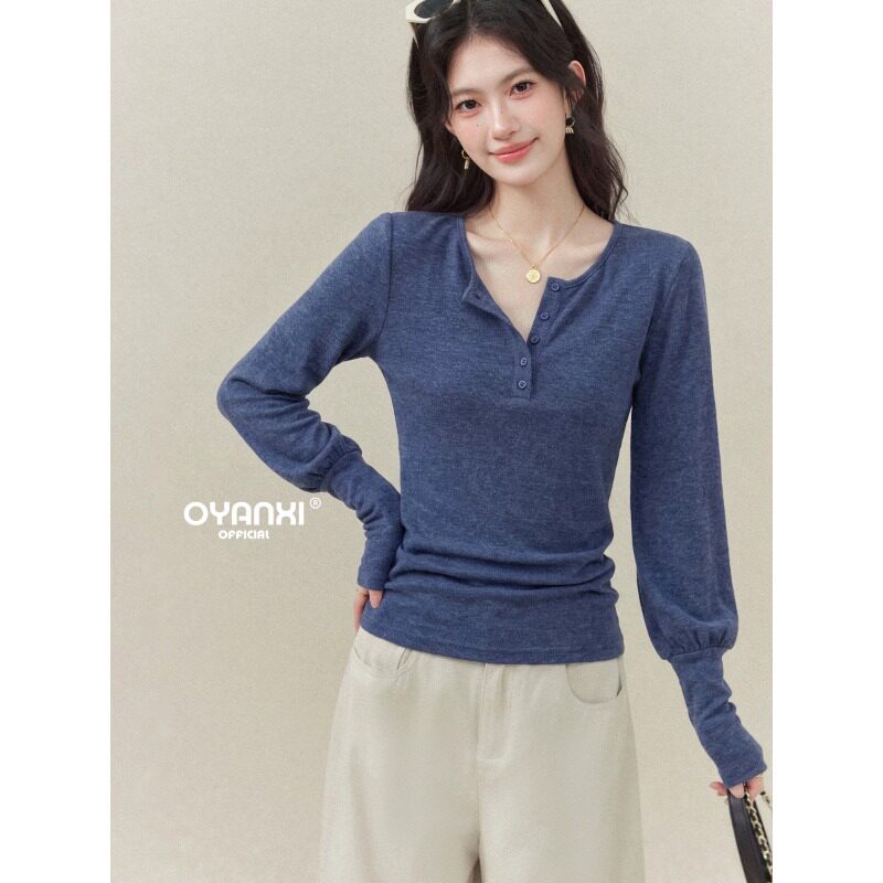 收腰灯笼袖蓝色秋季亨利领女长袖修身T恤原版简约