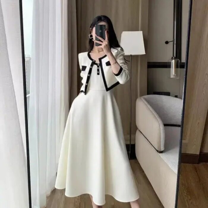 2026收腰垂坠感长袖短外套新款吊带法式秋女连衣裙名媛套装两件套