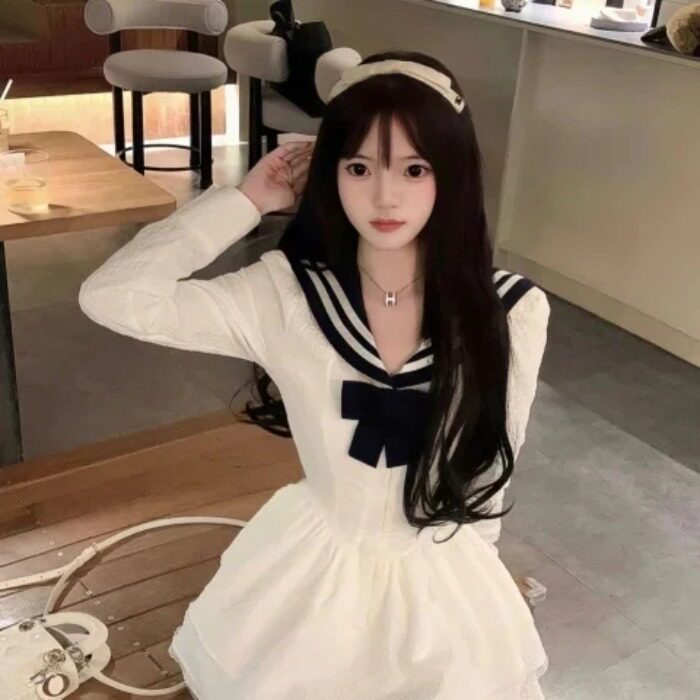 甜美高级学院风初恋连衣裙海军领女日系白色蓬蓬春装公主裙显瘦感