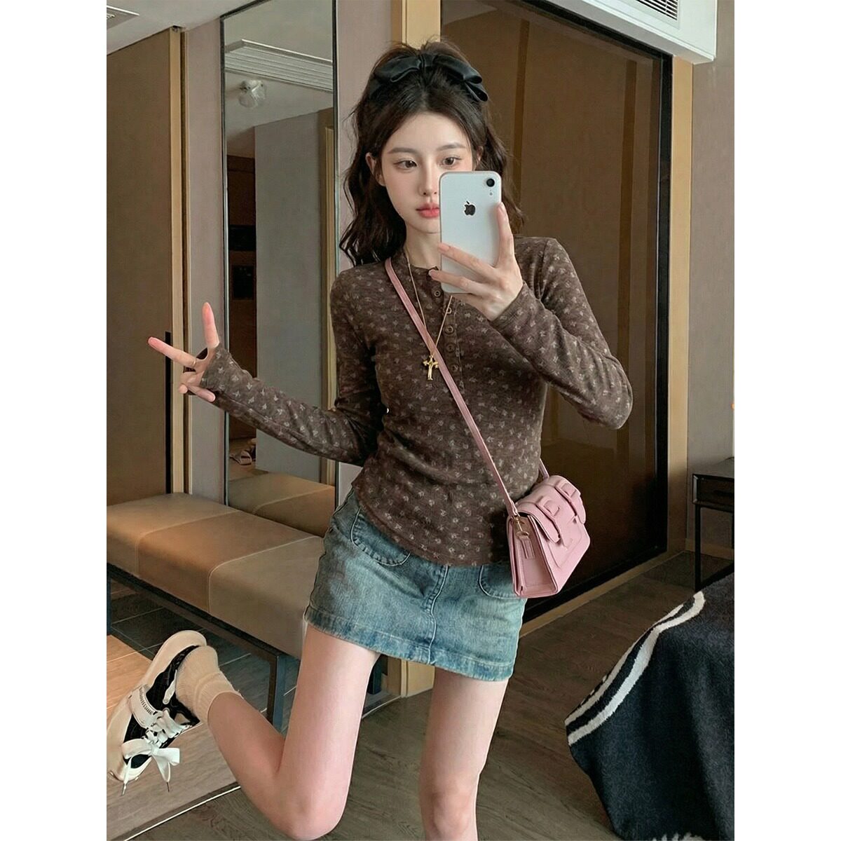 修身春秋长袖打底衫碎花图新款上衣圆领短款t恤潮官纽扣女装