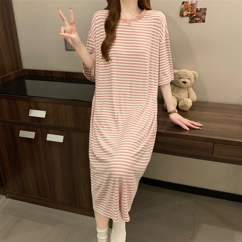 速发睡裙夏季2025新款简约条纹睡衣夏天中长款裙子可外穿家居服